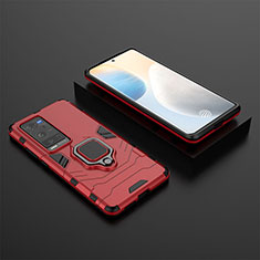 Silicone Matte Finish and Plastic Back Cover Case with Magnetic Finger Ring Stand KC2 for Vivo X60 Pro+ Plus 5G Red