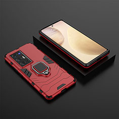 Silicone Matte Finish and Plastic Back Cover Case with Magnetic Finger Ring Stand KC2 for Vivo X70 Pro+ Plus 5G Red