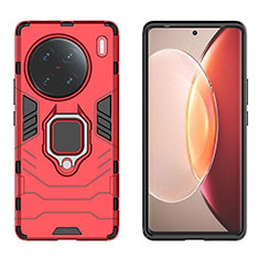 Silicone Matte Finish and Plastic Back Cover Case with Magnetic Finger Ring Stand KC2 for Vivo X90 Pro+ Plus 5G Red