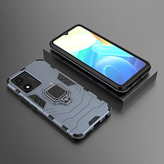 Silicone Matte Finish and Plastic Back Cover Case with Magnetic Finger Ring Stand KC2 for Vivo Y02S Blue