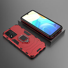 Silicone Matte Finish and Plastic Back Cover Case with Magnetic Finger Ring Stand KC2 for Vivo Y02S Red