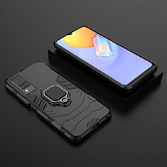 Silicone Matte Finish and Plastic Back Cover Case with Magnetic Finger Ring Stand KC2 for Vivo Y31 (2021) Black