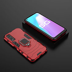 Silicone Matte Finish and Plastic Back Cover Case with Magnetic Finger Ring Stand KC2 for Vivo Y50t Red