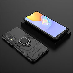 Silicone Matte Finish and Plastic Back Cover Case with Magnetic Finger Ring Stand KC2 for Vivo Y51 (2021) Black