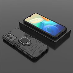 Silicone Matte Finish and Plastic Back Cover Case with Magnetic Finger Ring Stand KC2 for Vivo Y72t Black