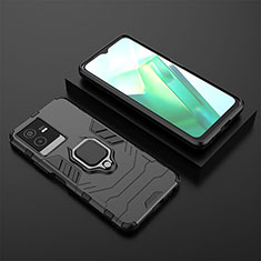 Silicone Matte Finish and Plastic Back Cover Case with Magnetic Finger Ring Stand KC2 for Vivo Y73t Black