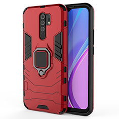 Silicone Matte Finish and Plastic Back Cover Case with Magnetic Finger Ring Stand KC2 for Xiaomi Redmi 9 Prime India Red