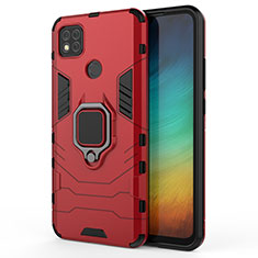 Silicone Matte Finish and Plastic Back Cover Case with Magnetic Finger Ring Stand KC2 for Xiaomi Redmi 9C NFC Red