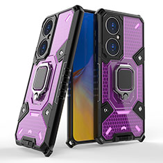 Silicone Matte Finish and Plastic Back Cover Case with Magnetic Finger Ring Stand KC3 for Huawei P50e Purple