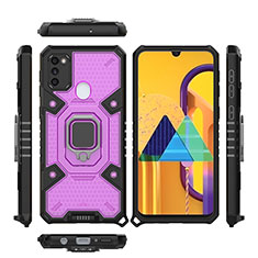 Silicone Matte Finish and Plastic Back Cover Case with Magnetic Finger Ring Stand KC3 for Samsung Galaxy M30s Purple