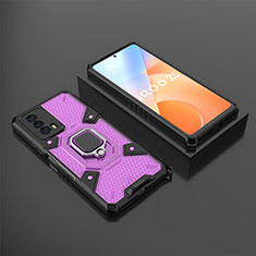 Silicone Matte Finish and Plastic Back Cover Case with Magnetic Finger Ring Stand KC3 for Vivo iQOO Z5 5G Purple