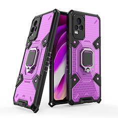 Silicone Matte Finish and Plastic Back Cover Case with Magnetic Finger Ring Stand KC3 for Vivo V21e 4G Purple