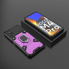 Silicone Matte Finish and Plastic Back Cover Case with Magnetic Finger Ring Stand KC3 for Xiaomi Poco M4 Pro 4G Purple