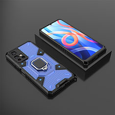 Silicone Matte Finish and Plastic Back Cover Case with Magnetic Finger Ring Stand KC3 for Xiaomi Poco M4 Pro 5G Blue