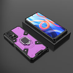 Silicone Matte Finish and Plastic Back Cover Case with Magnetic Finger Ring Stand KC3 for Xiaomi Poco M4 Pro 5G Purple
