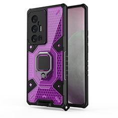 Silicone Matte Finish and Plastic Back Cover Case with Magnetic Finger Ring Stand KC4 for Vivo X70 Pro+ Plus 5G Purple