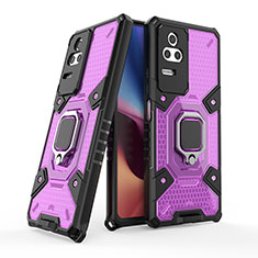 Silicone Matte Finish and Plastic Back Cover Case with Magnetic Finger Ring Stand KC4 for Xiaomi Redmi K50 5G Purple