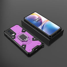 Silicone Matte Finish and Plastic Back Cover Case with Magnetic Finger Ring Stand KC5 for OnePlus Nord 2 5G Purple