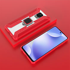 Silicone Matte Finish and Plastic Back Cover Case with Magnetic Finger Ring Stand KC6 for Xiaomi Redmi Note 9S Red