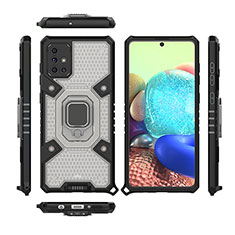 Silicone Matte Finish and Plastic Back Cover Case with Magnetic Finger Ring Stand KC7 for Samsung Galaxy A71 5G Black