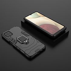 Silicone Matte Finish and Plastic Back Cover Case with Magnetic Finger Ring Stand KK1 for Samsung Galaxy M12 Black