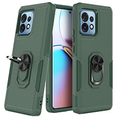 Silicone Matte Finish and Plastic Back Cover Case with Magnetic Finger Ring Stand MQ1 for Motorola Moto Edge Plus (2023) 5G Midnight Green