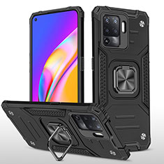 Silicone Matte Finish and Plastic Back Cover Case with Magnetic Finger Ring Stand MQ1 for Oppo F19 Pro Black