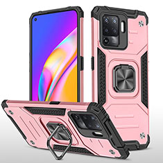 Silicone Matte Finish and Plastic Back Cover Case with Magnetic Finger Ring Stand MQ1 for Oppo F19 Pro Rose Gold