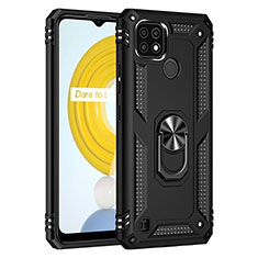 Silicone Matte Finish and Plastic Back Cover Case with Magnetic Finger Ring Stand MQ1 for Realme C21 Black