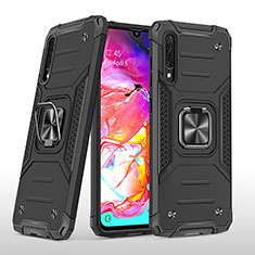 Silicone Matte Finish and Plastic Back Cover Case with Magnetic Finger Ring Stand MQ1 for Samsung Galaxy A70 Black