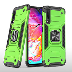 Silicone Matte Finish and Plastic Back Cover Case with Magnetic Finger Ring Stand MQ1 for Samsung Galaxy A70 Green