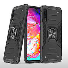 Silicone Matte Finish and Plastic Back Cover Case with Magnetic Finger Ring Stand MQ1 for Samsung Galaxy A70S Black