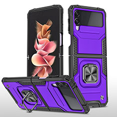 Silicone Matte Finish and Plastic Back Cover Case with Magnetic Finger Ring Stand MQ1 for Samsung Galaxy Z Flip3 5G Purple