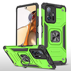 Silicone Matte Finish and Plastic Back Cover Case with Magnetic Finger Ring Stand MQ1 for Xiaomi Mi 11T Pro 5G Green