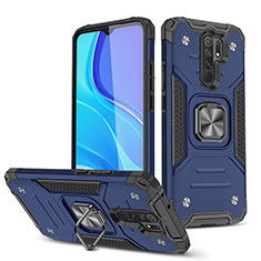 Silicone Matte Finish and Plastic Back Cover Case with Magnetic Finger Ring Stand MQ1 for Xiaomi Redmi 9 Prime India Blue