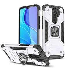 Silicone Matte Finish and Plastic Back Cover Case with Magnetic Finger Ring Stand MQ1 for Xiaomi Redmi 9 Silver