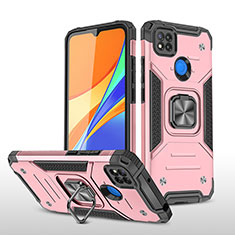 Silicone Matte Finish and Plastic Back Cover Case with Magnetic Finger Ring Stand MQ1 for Xiaomi Redmi 9C NFC Rose Gold