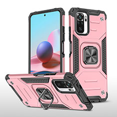 Silicone Matte Finish and Plastic Back Cover Case with Magnetic Finger Ring Stand MQ1 for Xiaomi Redmi Note 10 4G Rose Gold