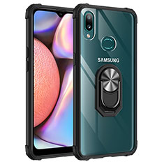 Silicone Matte Finish and Plastic Back Cover Case with Magnetic Finger Ring Stand MQ2 for Samsung Galaxy A10s Silver and Black