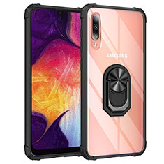 Silicone Matte Finish and Plastic Back Cover Case with Magnetic Finger Ring Stand MQ2 for Samsung Galaxy A50 Black