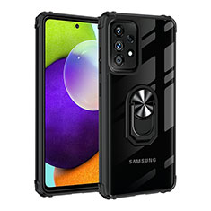 Silicone Matte Finish and Plastic Back Cover Case with Magnetic Finger Ring Stand MQ2 for Samsung Galaxy A72 4G Black