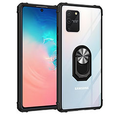 Silicone Matte Finish and Plastic Back Cover Case with Magnetic Finger Ring Stand MQ2 for Samsung Galaxy S10 Lite Silver and Black