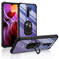 Silicone Matte Finish and Plastic Back Cover Case with Magnetic Finger Ring Stand MQ2 for Xiaomi Redmi 9 Black