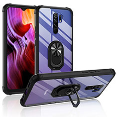 Silicone Matte Finish and Plastic Back Cover Case with Magnetic Finger Ring Stand MQ2 for Xiaomi Redmi 9 Prime India Black