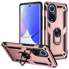 Silicone Matte Finish and Plastic Back Cover Case with Magnetic Finger Ring Stand MQ3 for Huawei Nova 9 Rose Gold