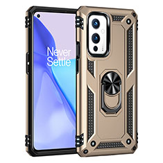 Silicone Matte Finish and Plastic Back Cover Case with Magnetic Finger Ring Stand MQ3 for OnePlus 9 5G Gold