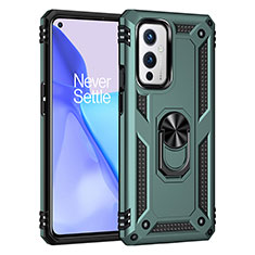 Silicone Matte Finish and Plastic Back Cover Case with Magnetic Finger Ring Stand MQ3 for OnePlus 9 5G Green