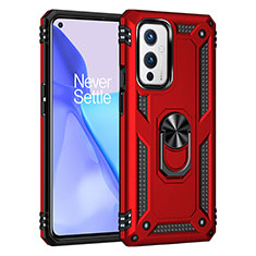 Silicone Matte Finish and Plastic Back Cover Case with Magnetic Finger Ring Stand MQ3 for OnePlus 9 5G Red