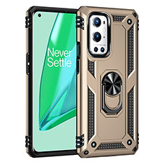 Silicone Matte Finish and Plastic Back Cover Case with Magnetic Finger Ring Stand MQ3 for OnePlus 9 Pro 5G Gold