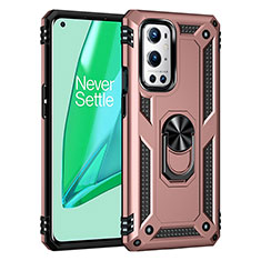 Silicone Matte Finish and Plastic Back Cover Case with Magnetic Finger Ring Stand MQ3 for OnePlus 9 Pro 5G Rose Gold